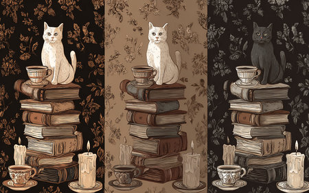 Seamless pattern with books, cat and cup of coffee.の素材