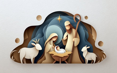 Christmas card with holy family in paper cut style. 3d illustration.の素材