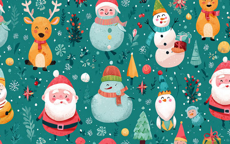 Christmas seamless pattern with Santa Claus, reindeer, snowman, snowman and snowflakes.  illustration.の素材