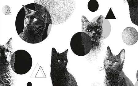 Seamless pattern with black cats and geometric shapes. Hand drawn vector illustration.の素材