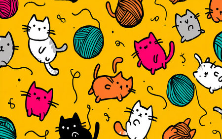 Seamless pattern with hand drawn cats and balls of yarn.の素材