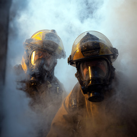 Firefighters fighting a fire with a gas mask in the smoke.の素材