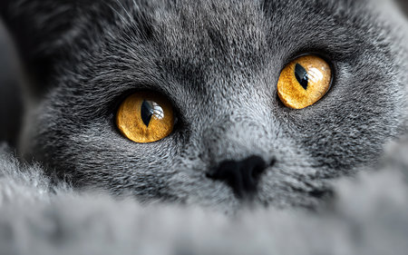 Close-up portrait of a Scottish fold cat with yellow eyes.の素材