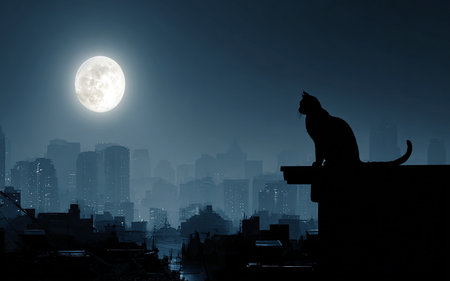 Silhouette of cat sitting on roof and looking at night cityの素材