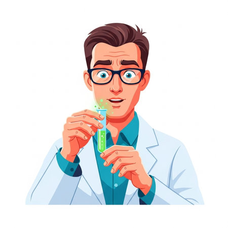 Scientist in glasses holding test tube with liquid illustration in cartoon styleの素材