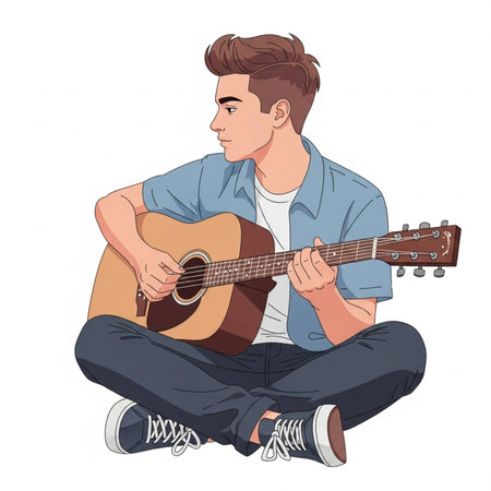 Young man playing guitar. Hand drawn illustration isolated on white background.の素材