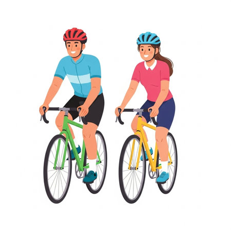 Young man and woman riding bicycles illustration isolated on white background.の素材