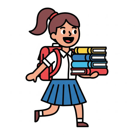 Happy schoolgirl with backpack and stack of books illustration.の素材