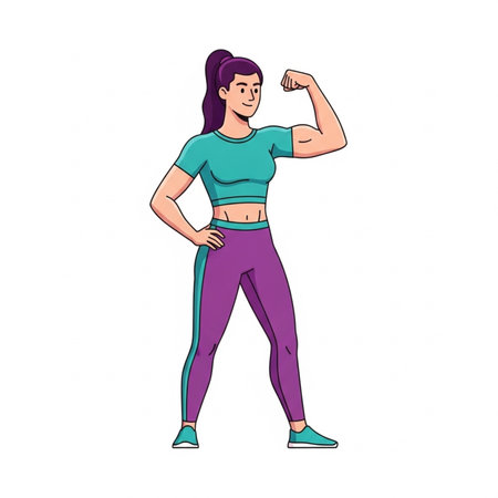 Fitness woman showing biceps illustration in cartoon style.の素材