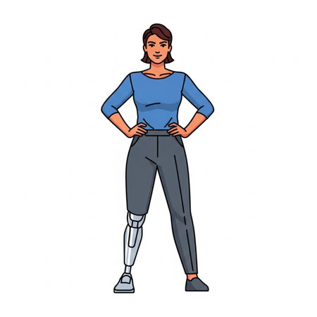 Woman with leg prosthesis. Cartoon illustration isolated on white background.の素材