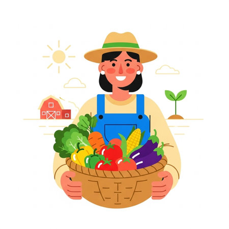 Farmer woman with basket of vegetables  illustration in flat styleの素材