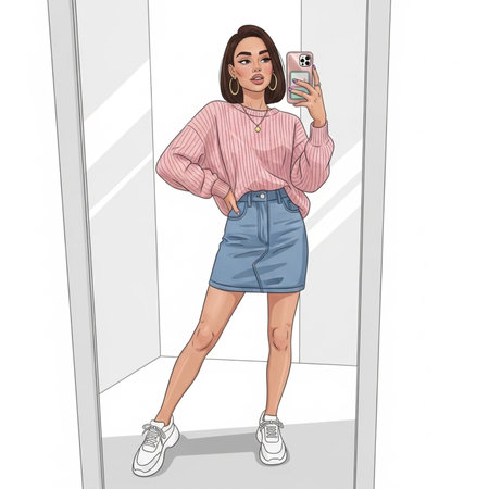Beautiful young woman taking selfie with smartphone in shopping mall illustration.の素材