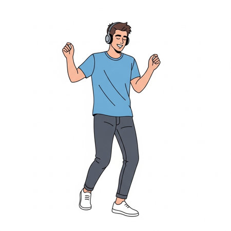 Man dancing and listening to music with headphones. illustration in cartoon style.の素材