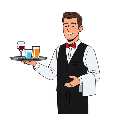Waiter holding tray with glasses of wine.  illustration in cartoon styleの素材