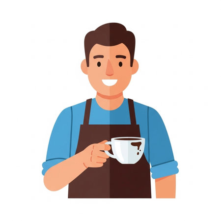 Male barista in apron holding a cup of coffee. flat illustrationの素材
