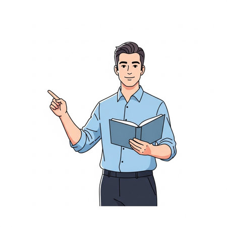 Man in a blue shirt holding a book and pointing with his finger. illustration.の素材