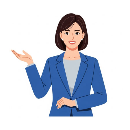 Business woman presenting something on her hand. illustration in cartoon style.の素材