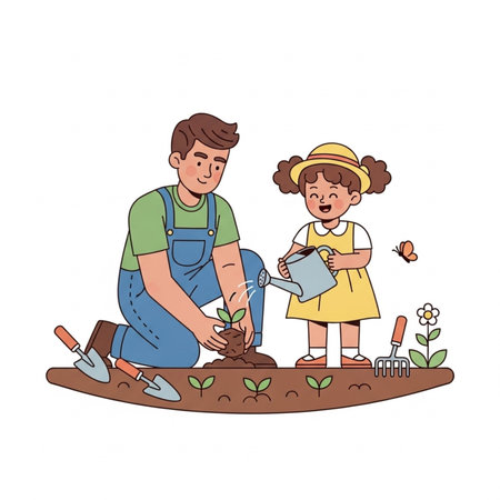 Cute little girl and her father working in the garden. illustration.の素材