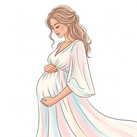 Pregnant woman in a blue dress on a white background.の素材