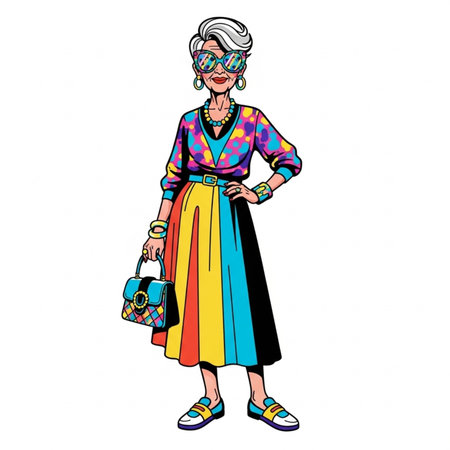 Fashionable old woman in colorful dress and sunglasses.の素材