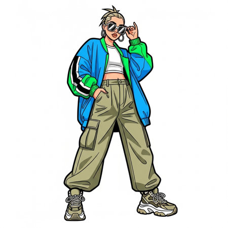 illustration of a hipster guy in a blue jacket and sunglassesの素材