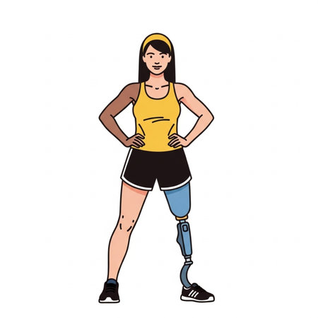 Hand drawn illustration of a young woman with a prosthetic leg.の素材