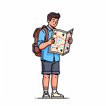 Tourist man with backpack and map illustration in cartoon styleの素材