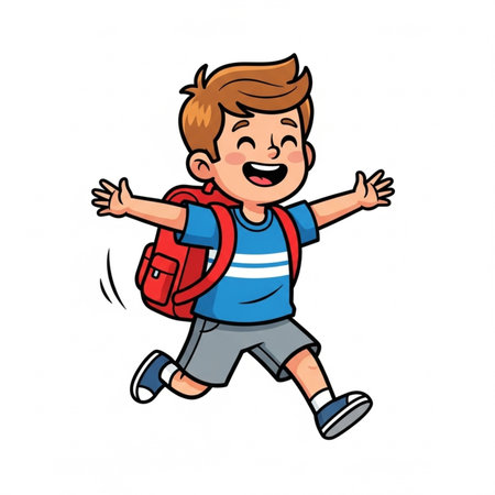 Happy schoolboy running with backpack  illustration isolated on white background.の素材