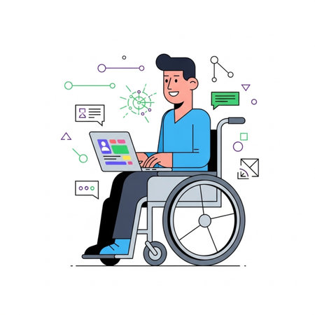 Handicapped man in wheelchair using laptop computer.の素材