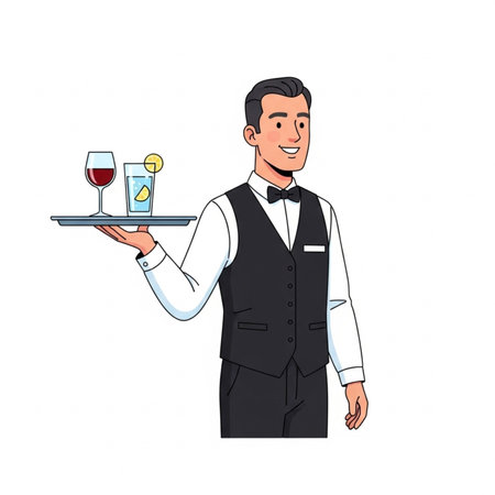 Waiter holding tray with glasses of wine and a cocktail.の素材