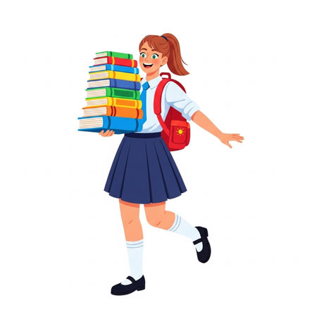 Schoolgirl with backpack and pile of books. illustration isolated on white background.の素材