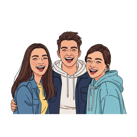 Group of friends laughing and looking at the camera illustration.の素材