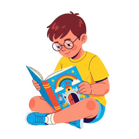 Cute little boy reading a book. illustration of a child reading a book.の素材