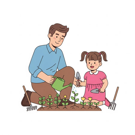 Father and daughter planting seedlings in the garden illustration.の素材