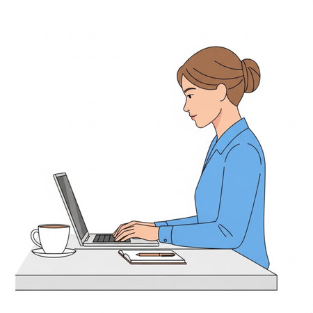 Businesswoman working on laptop . illustration of a woman working at office.の素材