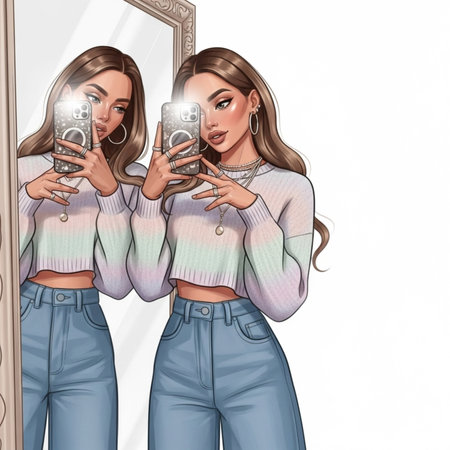 Beautiful young woman taking selfie in front of mirror illustration.の素材