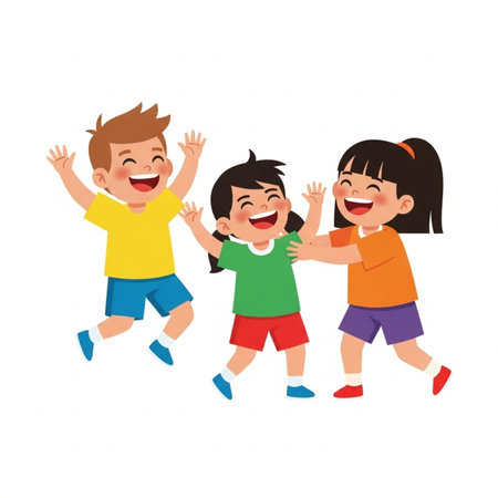Happy children jumping isolated on white background. Cheerful kids having fun together. illustration.の素材