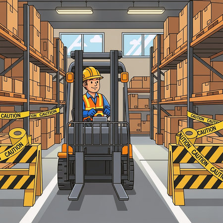 Forklift in the warehouse. Vector illustration of a worker in a warehouse.の素材