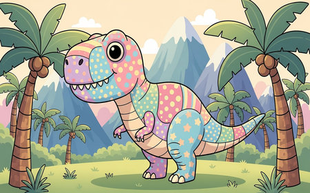 Cute cartoon dinosaur in the jungle. Vector illustration for children.の素材