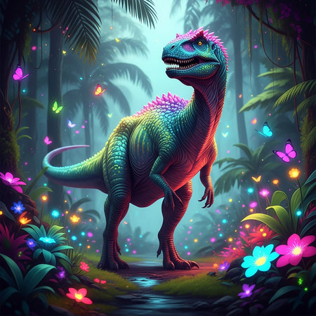 Dinosaur in the jungle. 3d render. Illustration.の素材