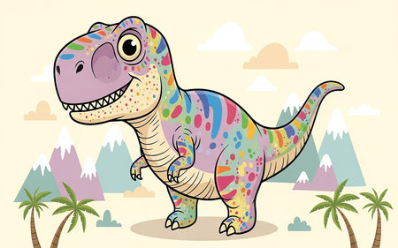 Cute cartoon dinosaur with colorful pattern on the skin. Vector illustration.の素材