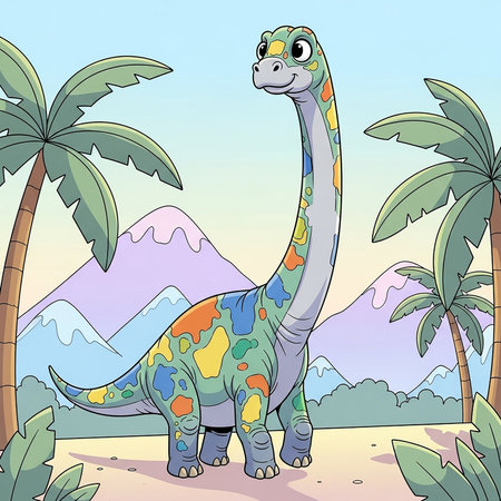 Cute dinosaur cartoon in the jungle with palm trees. Vector illustration.の素材