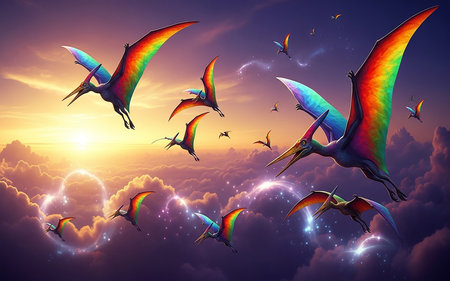 Fantasy background with flying pterodactyls. Vector illustration.の素材