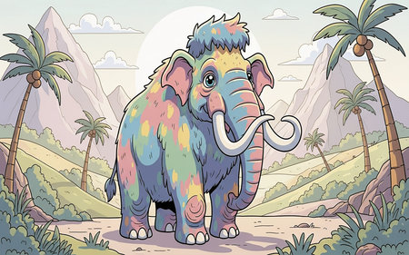 Cartoon prehistoric elephant in the jungle. Vector illustration for kids.の素材