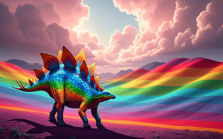 Dinosaur in the desert. 3D render. Rainbow background.の素材