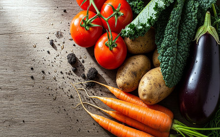 Vegetables on wooden background. Top view. Copy space.の素材