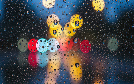 rain drop on glass with colorful bokeh light background, rainy seasonの素材