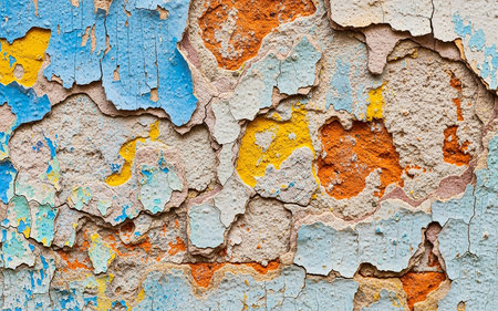 Texture of old rustic wall covered with blue and orange stuccoの素材