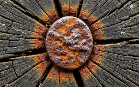 Rusty screw on old wooden background. Close-up. Selective focus.の素材