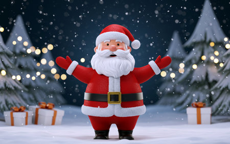 santa claus with gift box and christmas tree on backgroundの素材